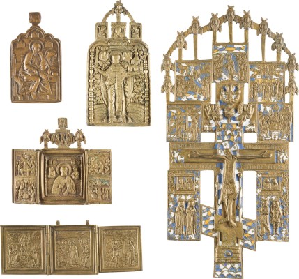 Auction 142<br>SAMMLUNG VON FÜNF BRONZE-IKONEN: DARSTELLUNGEN CHRISTI UND DER GOTTESMUTTER SOWIE AUSGEWÄHLTE HEILIGE