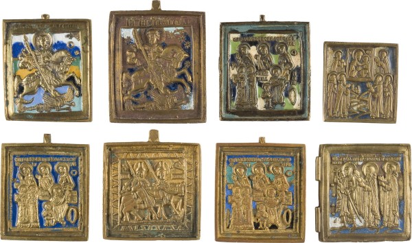 Auction 142<br>SAMMLUNG VON ACHT BRONZE-IKONEN MIT AUSGEWÄHLTEN HEILIGEN