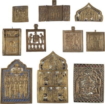 Auction 142<br>SAMMLUNG VON ZEHN BRONZE-IKONEN: DARSTELLUNGEN DER GOTTESMUTTER, AUSGEWÄHLTE HEILIGE, DEESIS SOWIE EIN FRAGMENT