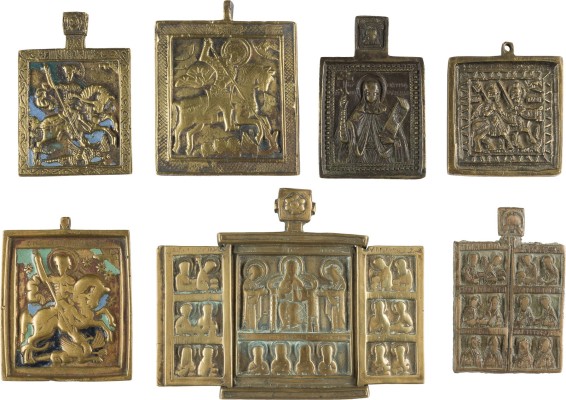 Auktion 142<br>SAMMLUNG VON SIEBEN BRONZE-IKONEN: EIN TRIPTYCHON MIT DEESIS SOWIE AUSGEWÄHLTE HEILIGE