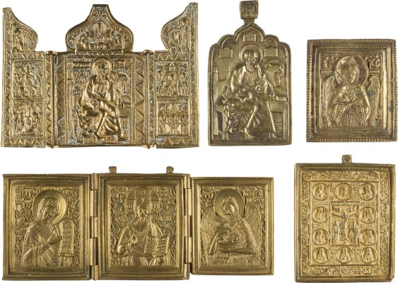 Auktion 142<br>SAMMLUNG VON FÜNF BRONZE-IKONEN: DARSTELLUNGEN CHRISTI, DEESIS SOWIE HEILIGER JOHANNES, THEOLOGE IM SCHWEIGEN