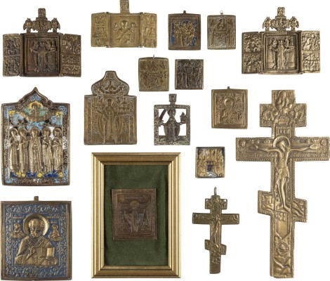 Auction 142<br>SAMMLUNG VON 16 BRONZE-IKONEN: KRUZIFIXE SOWIE AUSGEWÄHLTE HEILIGE