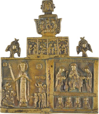 Auction 142<br>SELTENE BRONZE-KOMPOSITIKONE MIT DER GOTTESMUTTER 'FREUDE ALLER LEIDENDEN' SOWIE DEESIS