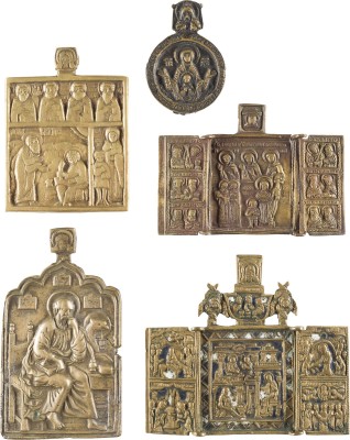 Auction 142<br>SAMMLUNG VON FÜNF BRONZE-IKONEN: GEBURT DER GOTTESMUTTER, GOTTESMUTTER DES ZEICHENS SOWIE AUSGEWÄHLTE HEILIGE