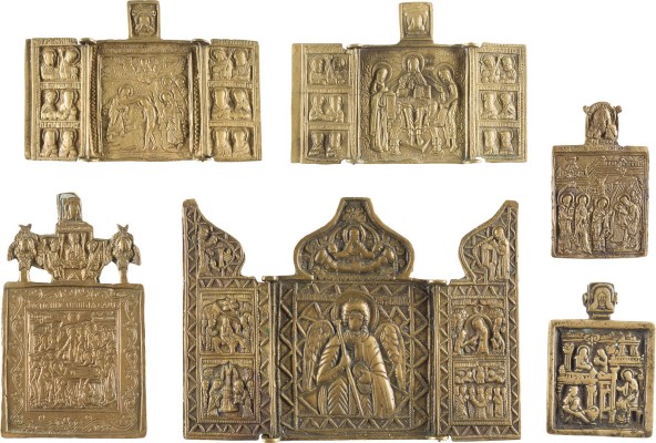 Auktion 142<br>SAMMLUNG VON SECHS BRONZE-IKONEN: DARSTELLUNGEN CHRISTI UND DER GOTTESMUTTER SOWIE ERZENGEL MICHAEL