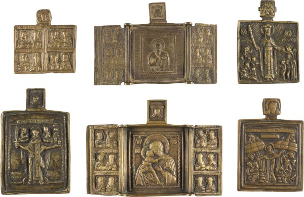 Auction 142<br>SAMMLUNG VON SECHS BRONZE-IKONEN: GOTTESMUTTER VON WLADIMIR SOWIE 'FREUDE ALLER LEIDENDEN' UND AUSGEWÄHLTE HEILIGE