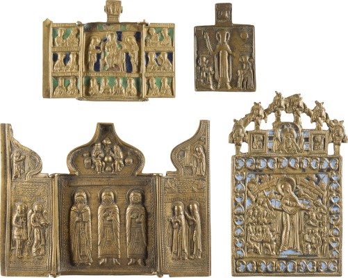 Auction 142<br>SAMMLUNG VON VIER BRONZE-IKONEN: GOTTESMUTTER 'FREUDE ALLER LEIDENDEN', DEESIS SOWIE AUSGEWÄHLTE HEILIGE