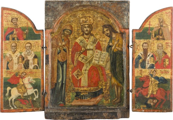 Auction 142<br>FEINES TRIPTYCHON MIT DEN ERZENGELN MICHAEL UND GABRIEL SOWIE DEESIS UND AUSGEWÄHLTEN HEILIGEN