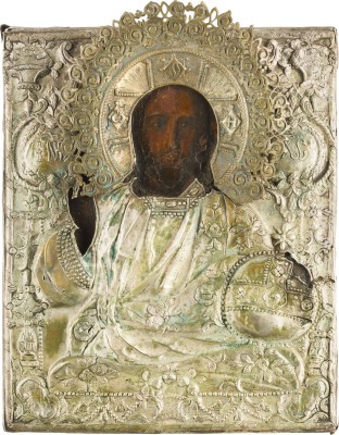 Auction 142<br>IKONE MIT CHRISTUS PANTOKRATOR DEM WELTENHERRSCHER MIT SILBER-OKLAD