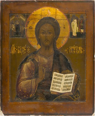 Auction 142<br>GROSSE IKONE MIT CHRISTUS PANTOKRATOR MIT DER GOTTESMUTTER 'FREUDE ALLER LEIDENDEN', DEM SCHUTZENGEL UND DEM HEILIGEN GEORG