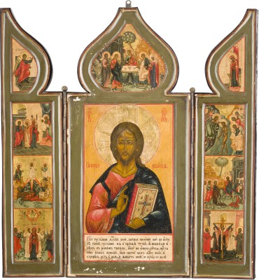 Auction 142<br>GROSSES TRIPTYCHION MIT CHRISTUS PANTOKRATOR UND FESTTAGEN