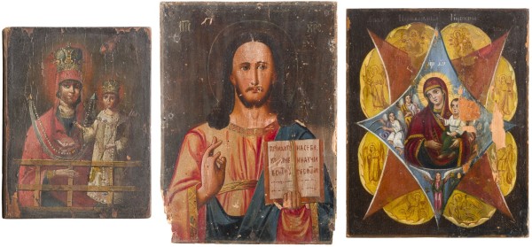 Auction 142<br>DREI KLEINE IKONEN MIT CHRISTUS PANTOKRATOR UND GNADENBILDERN DER GOTTESMUTTER