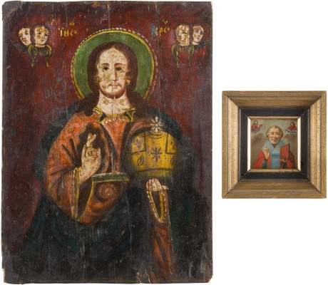 Auction 142<br>ZWEI IKONEN: KLEINE DATIERTE IKONE MIT DEM HEILIGEN NIKOLAUS VON MYRA UND CHRISTUS PANTOKRATOR