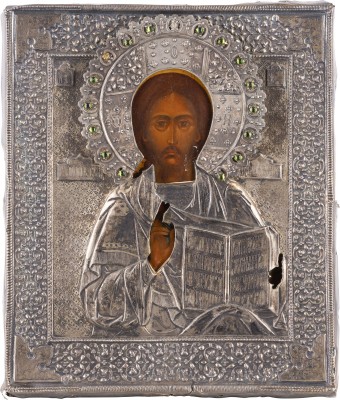 Auction 142<br>IKONE MIT CHRISTUS PANTOKRATOR MIT SILBER-OKLAD