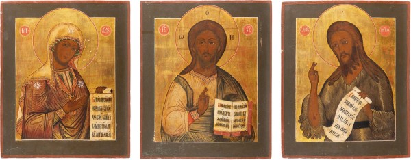 Auction 142<br>DREITEILIGE DEESIS: CHRISTUS PANTOKRATOR FLANKIERT VON DER GOTTESMUTTER UND JOHANNES DEM VORLÄUFER