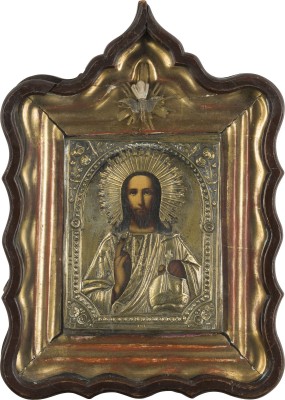 Auction 142<br>IKONE MIT CHRISTUS DEM WELTENHERRSCHER MIT OKLAD IM KIOT