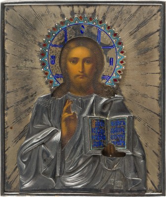 Auction 142<br>KLEINE IKONE MIT CHRISTUS PANTOKRATOR MIT CHAMPLEVÉ-EMAIL-OKLAD