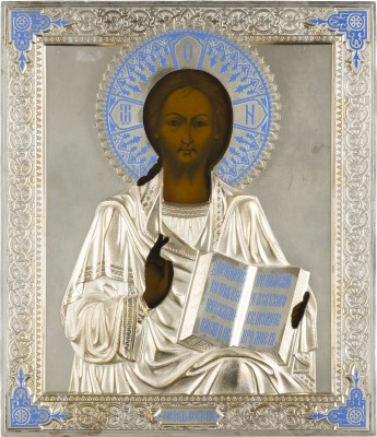 Auction 142<br>IKONE MIT CHRISTUS PANTOKRATOR MIT SILBER-CHAMPLEVÉ-EMAIL-OKLAD