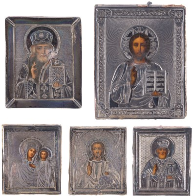 Auction 142<br>FÜNF KLEINFORMATIGE IKONEN MIT SILBER-OKLAD: CHRISTUS PANTOKRATOR, GOTTESMUTTER VON KASAN UND HEILIGER NIKOLAUS VON MYRA