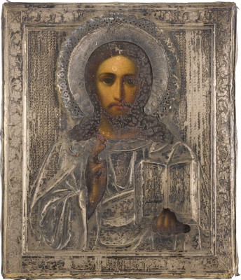 Auction 142<br>IKONE MIT CHRISTUS PANTOKRATOR MIT SILBER-OKLAD