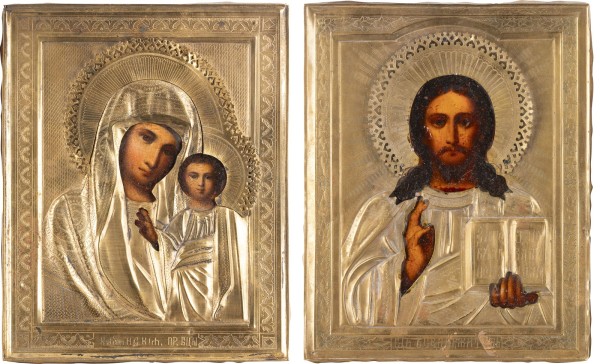 Auction 142<br>PAAR HOCHZEITS-IKONEN: CHRISTUS PANTOKRATOR UND GOTTESMUTTER VON KASAN MIT OKLAD