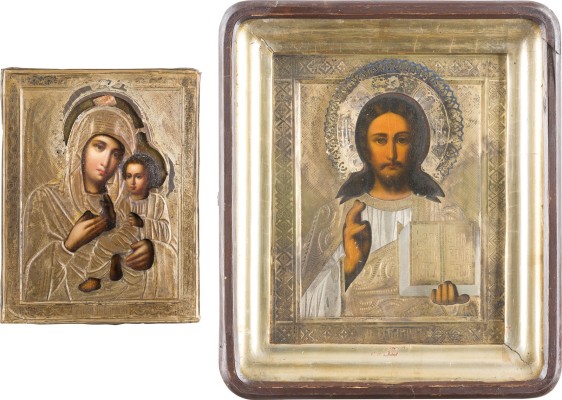 Auktion 142<br>ZWEI IKONEN MIT SILBER-OKLAD: CHRISTUS PANTOKRATOR UND GOTTESMUTTER TICHWINSKAJA