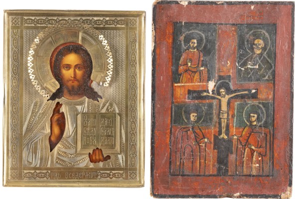 Auction 142<br>ZWEI KLEINE IKONEN: VIERFELDER-IKONE UND CHRISTUS PANTOKRATOR MIT OKLAD