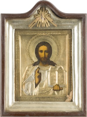 Auction 142<br>KLEINE IKONE MIT CHRISTUS PANTOKRATOR MIT OKLAD IM KIOT