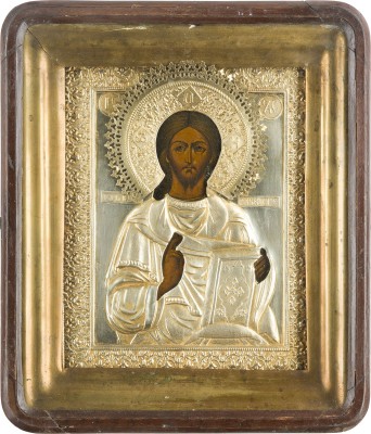 Auction 142<br>KLEINE IKONE MIT CHRISTUS PANTOKRATOR MIT OKLAD IM KIOT