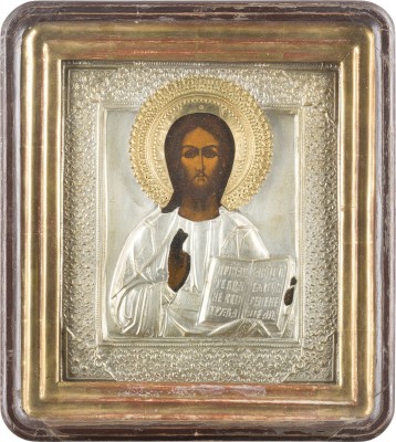 Auction 142<br>GROSSE IKONE MIT CHRISTUS PANTOKRATOR MIT OKLAD IM KIOT