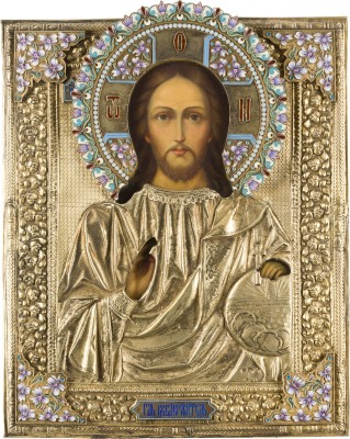 Auktion 142<br>IKONE MIT CHRISTUS PANTOKRATOR MIT CLOISONNÉ-EMAIL-OKLAD