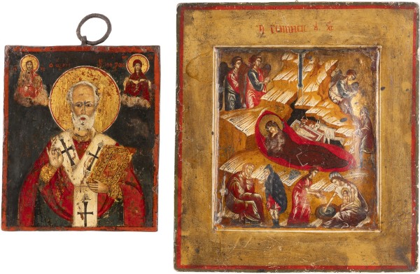 Auction 142<br>ZWEI IKONEN: HEILIGER NIKOLAUS VON MYRA UND GEBURT CHRISTI