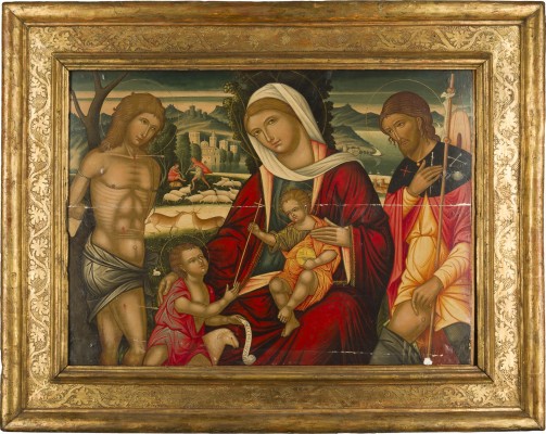 Auction 142<br>SEHR FEINE UND MONUMENTALE IKONE MIT DER GOTTESMUTTER MIT CHRISTUS UND DEM JOHANNESKNABEN FLANKIERT VON DEN HEILIGEN SEBASTIAN UND ROCHUS