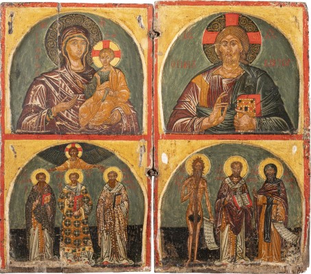 Auktion 142<br>GROSSES DIPTYCHON MIT DER GOTTESMUTTER HODEGETRIA, CHRISTUS PANTOKRATOR UND AUSGEWÄHLTEN HEILIGEN