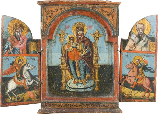 Auction 142<br>TRIPTYCHON MIT DER THRONENDEN GOTTESMUTTER UND AUSGEWÄHLTEN HEILIGEN