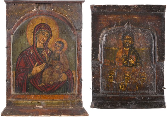 Auction 142<br>ZWEI TRIPTYCHON-MITTELTEILE: CHRISTUS UND GOTTESMUTTER HODEGETRIA