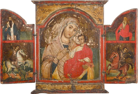 Auction 142<br>TRIPTYCHON MIT DER GOTTESMUTTER SOWIE DEN REITERHEILIGEN GEORG UND DEMETRIUS UND ZWEI AUSGEWÄHLTEN HEILIGEN