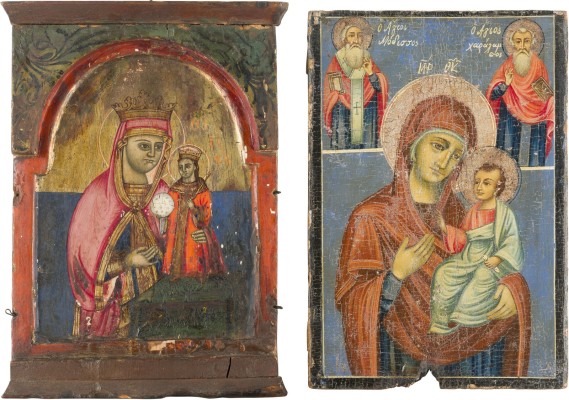 Auction 142<br>ZWEI IKONEN: MITTELTEIL EINES TRIPTYCHONS UND IKONE MIT GNADENBILDERN DER GOTTESMUTTER UND HEILIGEN