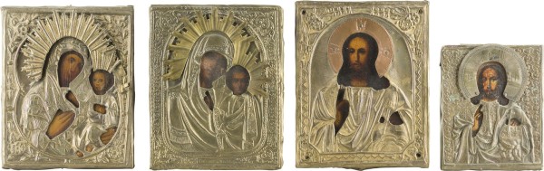 Auction 142<br>VIER KLEINE IKONEN MIT OKLAD: CHRISTUS PANTOKRATOR UND GNADENBILDER DER GOTTESMUTTER