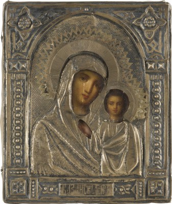 Auction 142<br>KLEINE IKONE MIT DER GOTTESMUTTER VON KASAN (KASANSKAJA) MIT SILBER-OKLAD