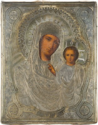 Auction 142<br>KLEINE IKONE MIT DER GOTTESMUTTER VON KASAN (KASANSKAJA) MIT SILBER-OKLAD