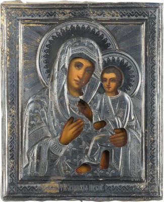 Auction 142<br>KLEINE IKONE MIT DER GOTTESMUTTER VON TICHWIN (TICHWINSKAJA) MIT SILBER-OKLAD