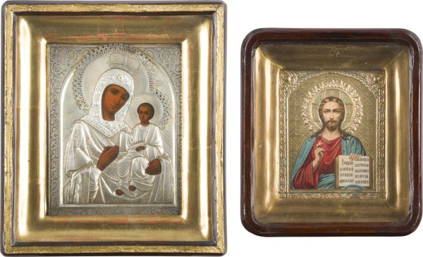 Auction 142<br>ZWEI IKONEN IM KIOT: IKONE MIT DER GOTTESMUTTER IWERSKAJA MIT SILBER-OKLAD UND CHRISTUS PANTOKRATOR