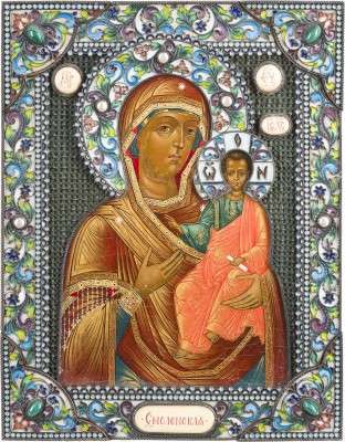 Auktion 142<br>KLEINE IKONE MIT DER GOTTESMUTTER VON SMOLENSK (SMOLENSKAJA) MIT CLOISONNÉ-EMAIL-RIZA