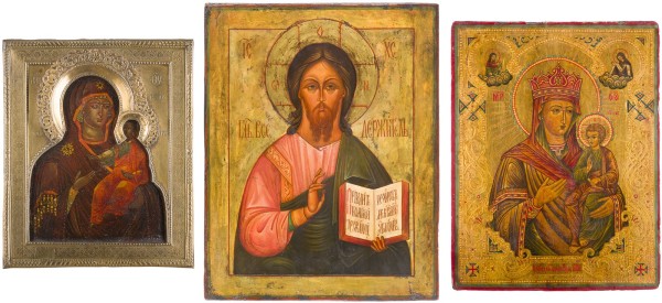 Auction 142<br>DREI IKONEN: CHRISTUS PANTOKRATOR UND GNADENBILDER DER GOTTESMUTTER