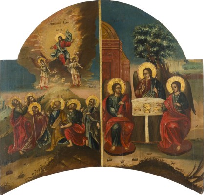 Auction 142<br>GROSSE IKONE MIT DER HIMMELFAHRT CHRISTI UND DER ALTTESTAMENTLICHEN DREIFALTIGKEIT AUS EINER KIRCHEN-IKONOSTASE