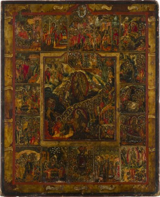 Auction 142<br>SEHR FEINE IKONE MIT DER HÖLLENFAHRT UND AUFERSTEHUNG CHRISTI MIT 16 HOCHFESTEN DES ORTHODOXEN KIRCHENJAHRES