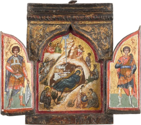 Auction 142<br>TRIPTYCHON MIT DER VERKÜNDIGUNG, DER GEBURT CHRISTI UND DEN HEILIGEN GEORG UND DEMETRIOS