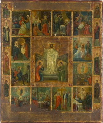 Auction 142<br>GROSSFORMATIGE IKONE MIT DER AUFERSTEHUNG CHRISTI UND ZWÖLF HOCHFESTEN DES ORTHODOXEN KIRCHENJAHRES