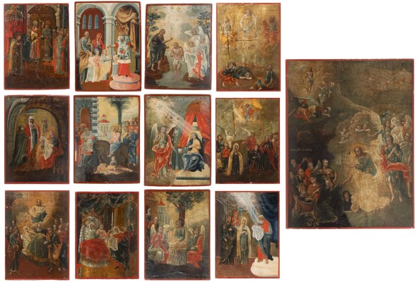 Auction 142<br>13 IKONEN-FRAGMENTE MIT DER HÖLLENFAHRT CHRISTI UND ZWÖLF HOCHFESTEN DES ORTHODOXEN KIRCHENJAHRES